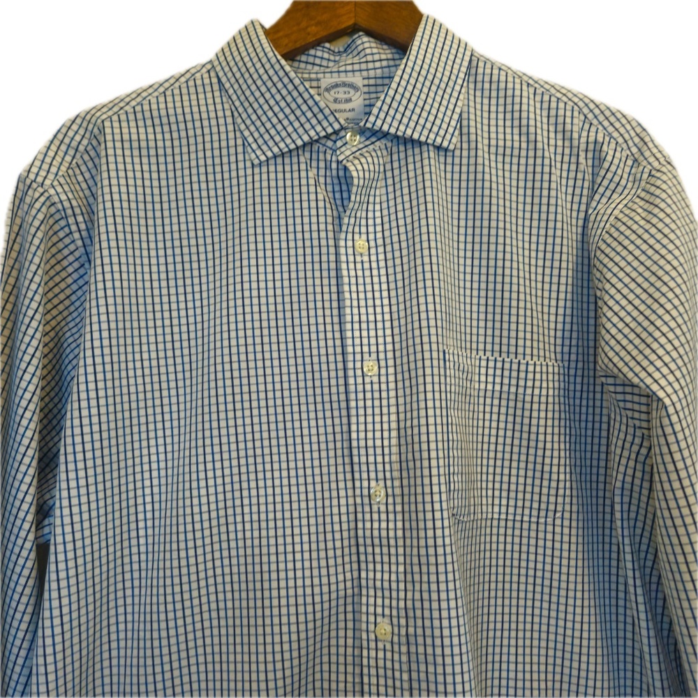 Brooks Brothers Shirt Mens 17 32/33 Blue Check Point Collar Supima Cotton - Picture 5 of 7